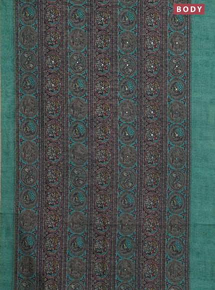 Semi linen saree teal green shade with allover madhubani prints & mirror work