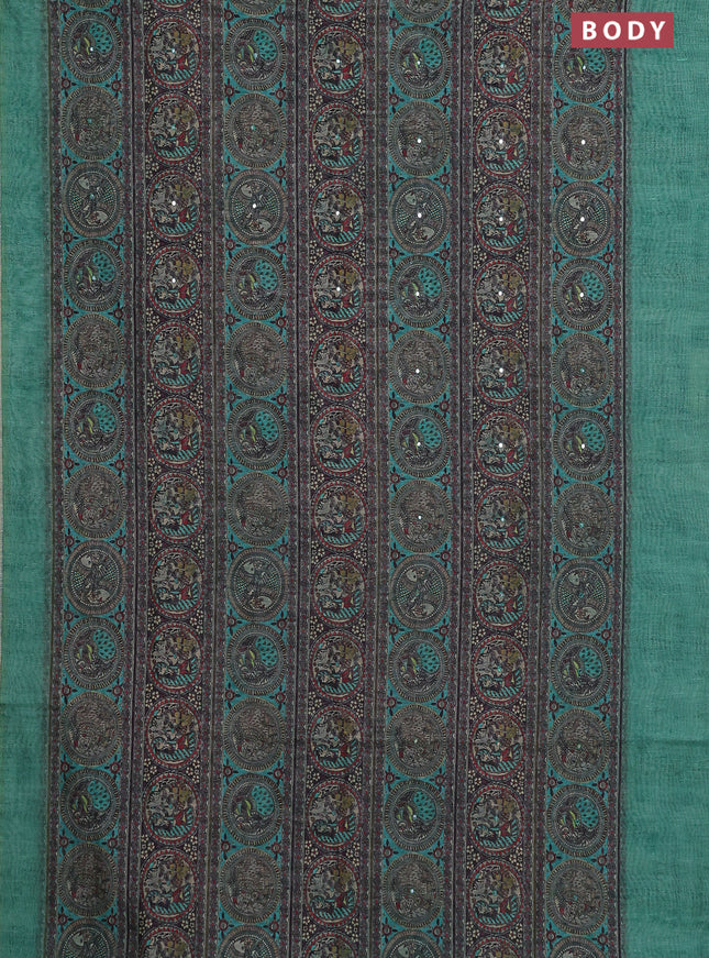 Semi linen saree teal green shade with allover madhubani prints & mirror work