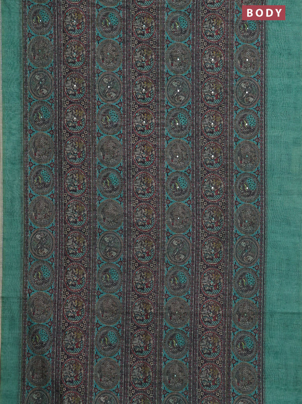 Semi linen saree teal green shade with allover madhubani prints & mirror work