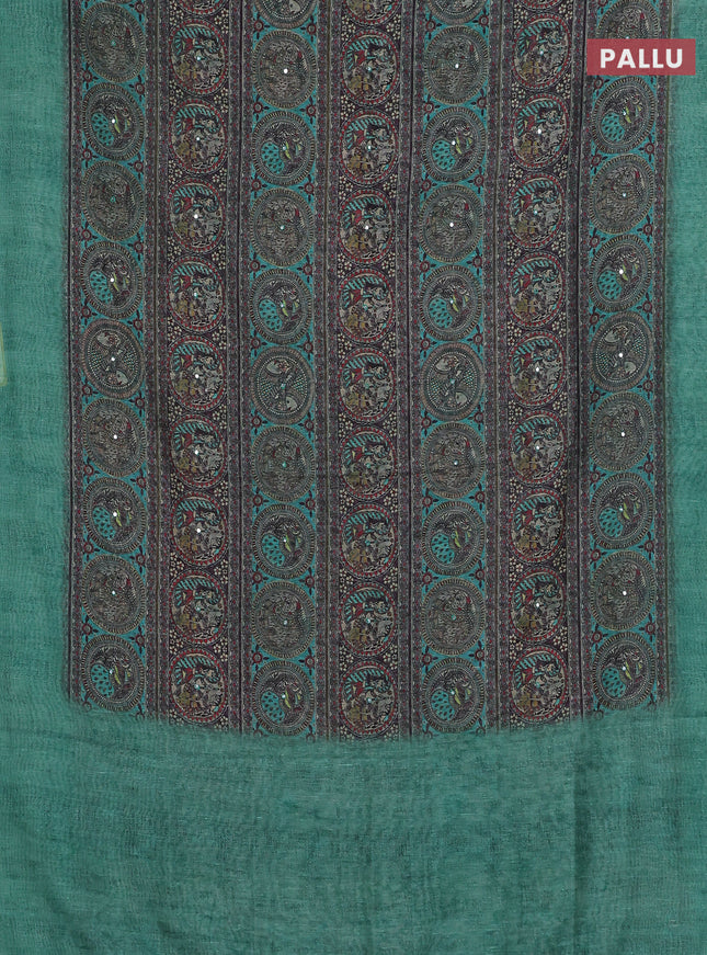 Semi linen saree teal green shade with allover madhubani prints & mirror work