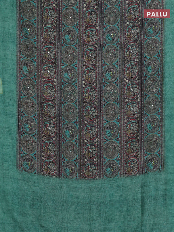 Semi linen saree teal green shade with allover madhubani prints & mirror work