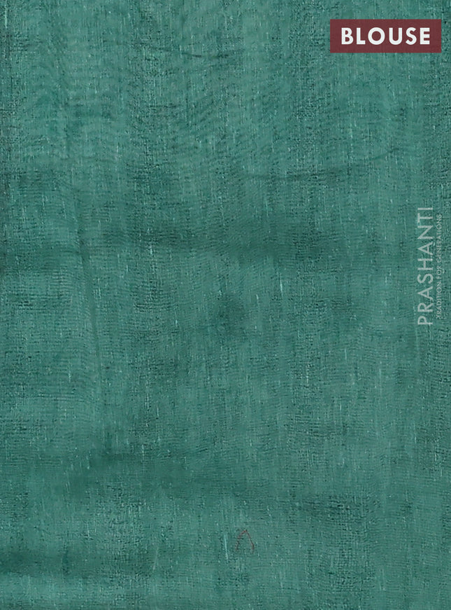 Semi linen saree teal green shade with allover madhubani prints & mirror work