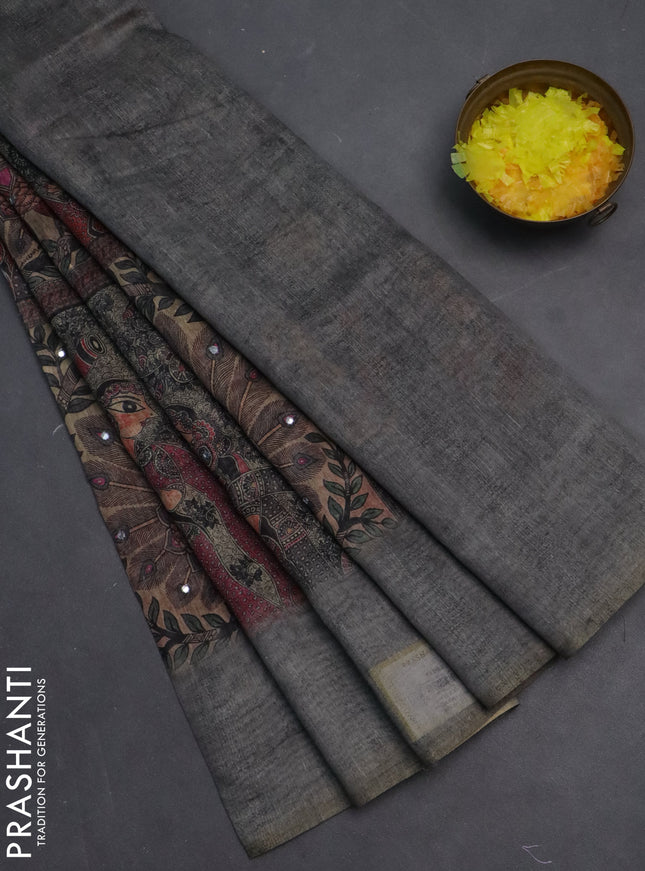 Semi linen saree grey with allover madhubani prints & mirror work