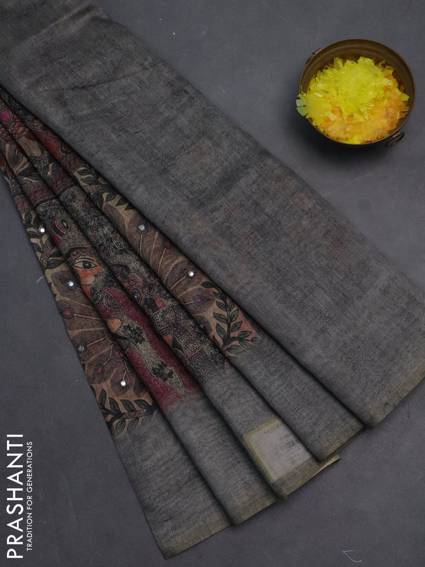 Semi linen saree grey with allover madhubani prints & mirror work