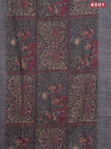 Semi linen saree grey with allover madhubani prints & mirror work
