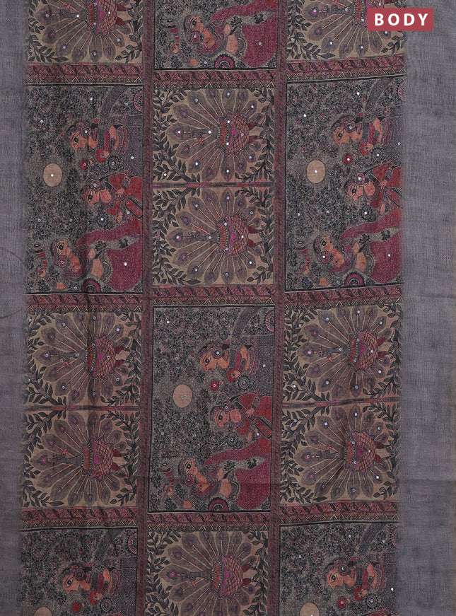 Semi linen saree grey with allover madhubani prints & mirror work