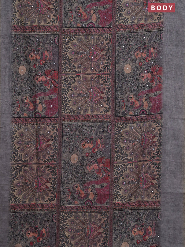 Semi linen saree grey with allover madhubani prints & mirror work