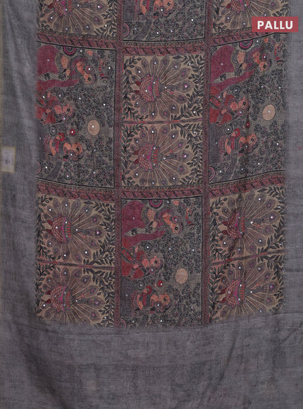 Semi linen saree grey with allover madhubani prints & mirror work