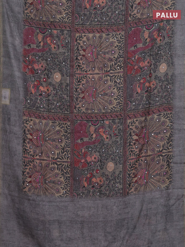 Semi linen saree grey with allover madhubani prints & mirror work