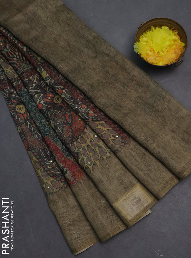 Semi linen saree elaichi green with allover madhubani prints & mirror work