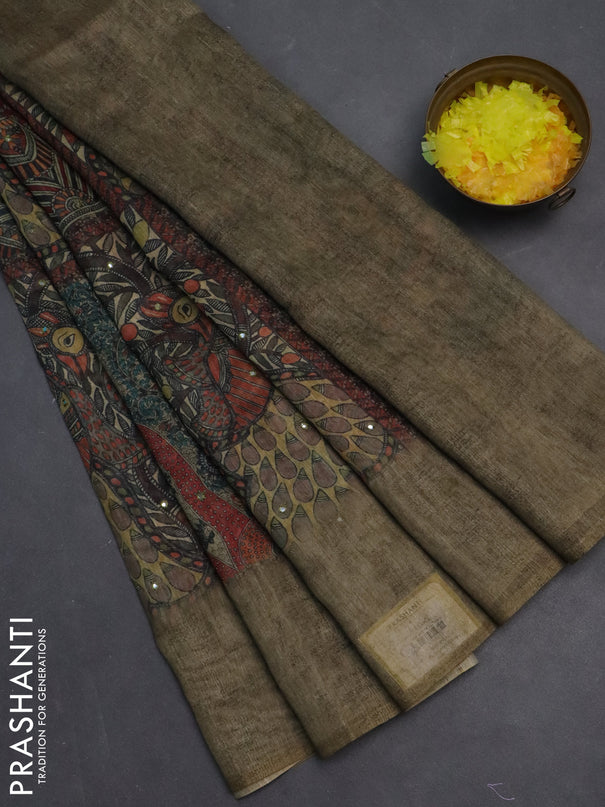 Semi linen saree elaichi green with allover madhubani prints & mirror work