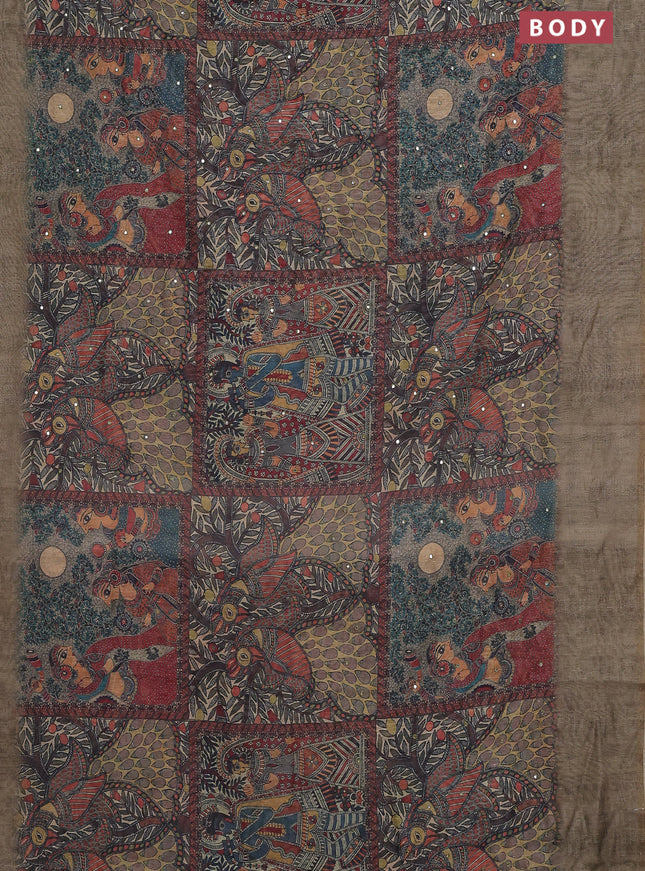 Semi linen saree elaichi green with allover madhubani prints & mirror work