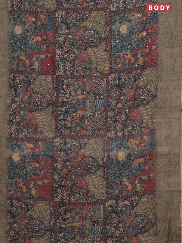 Semi linen saree elaichi green with allover madhubani prints & mirror work