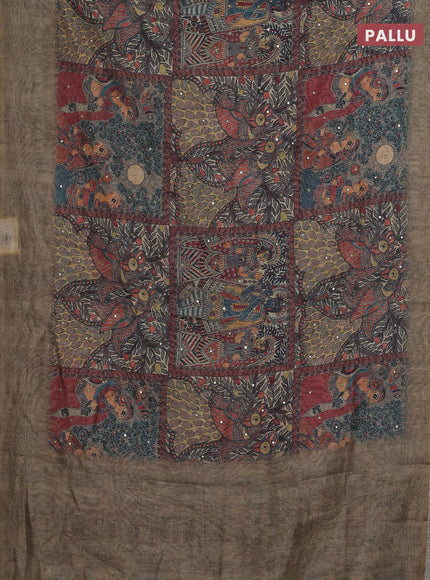 Semi linen saree elaichi green with allover madhubani prints & mirror work