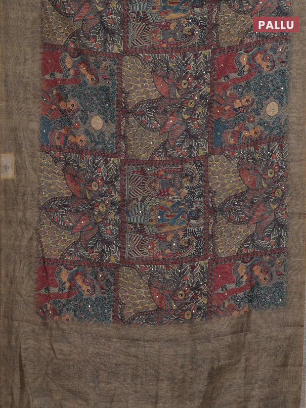 Semi linen saree elaichi green with allover madhubani prints & mirror work