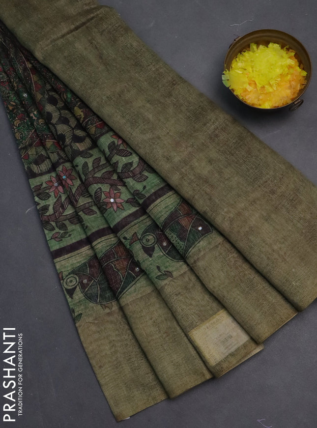 Semi linen saree pastel green with allover madhubani prints & mirror work
