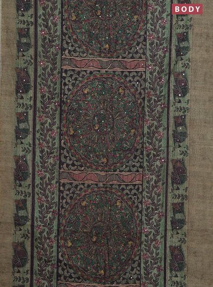 Semi linen saree pastel green with allover madhubani prints & mirror work