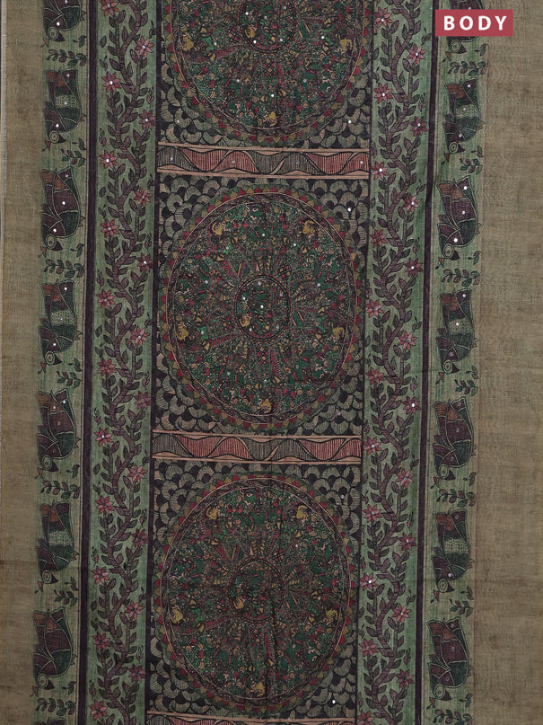 Semi linen saree pastel green with allover madhubani prints & mirror work