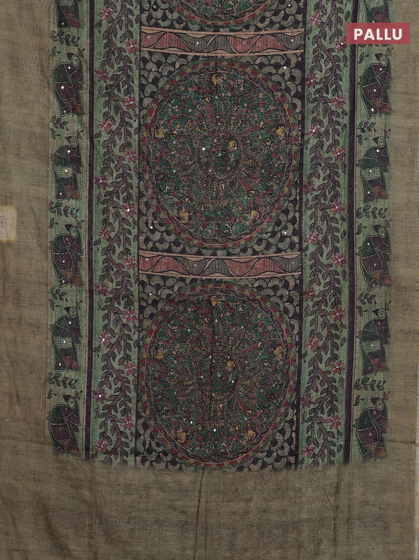 Semi linen saree pastel green with allover madhubani prints & mirror work