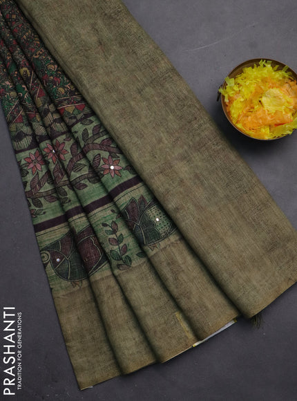 Semi linen saree pastel green with allover madhubani prints & mirror work