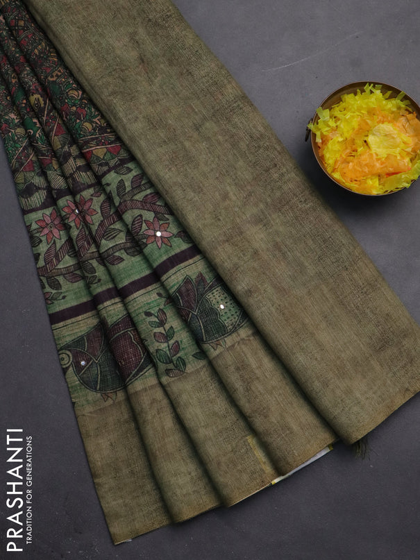 Semi linen saree pastel green with allover madhubani prints & mirror work