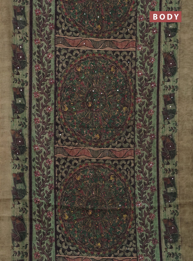 Semi linen saree pastel green with allover madhubani prints & mirror work