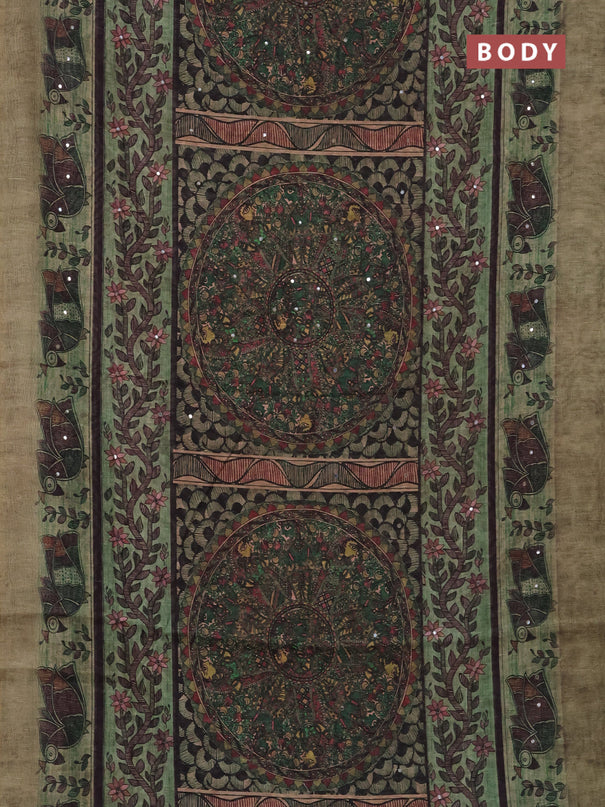 Semi linen saree pastel green with allover madhubani prints & mirror work