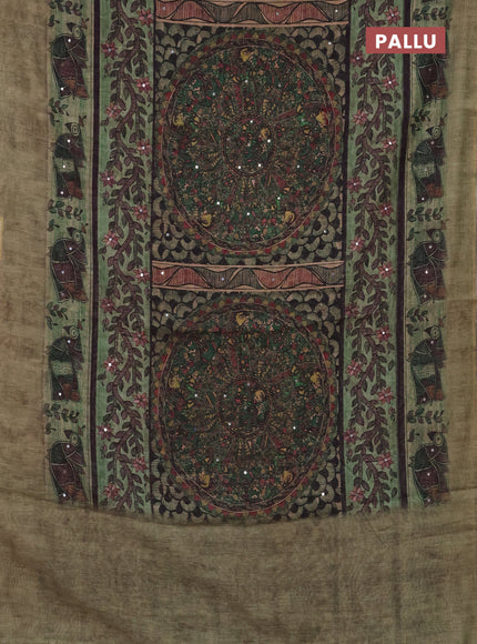 Semi linen saree pastel green with allover madhubani prints & mirror work