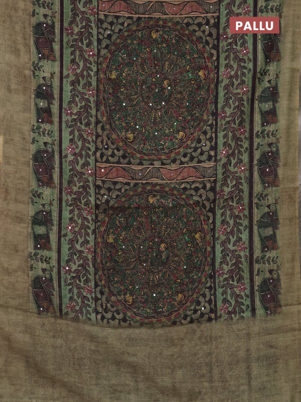 Semi linen saree pastel green with allover madhubani prints & mirror work