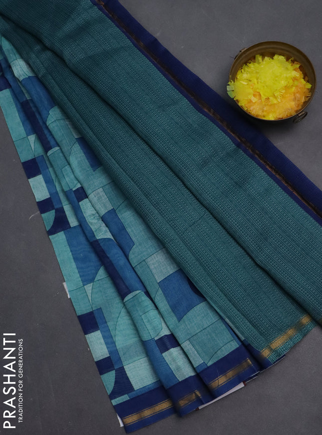 Chanderi silk cotton saree teal blue and blue with allover geometric prints and small zari woven border