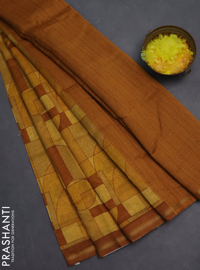 Chanderi silk cotton saree mustard yellow and dark mustard with allover geometric prints and small zari woven border