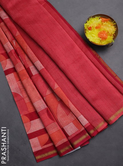 Chanderi silk cotton saree orange red and dark magenta pink with allover geometric prints and small zari woven border