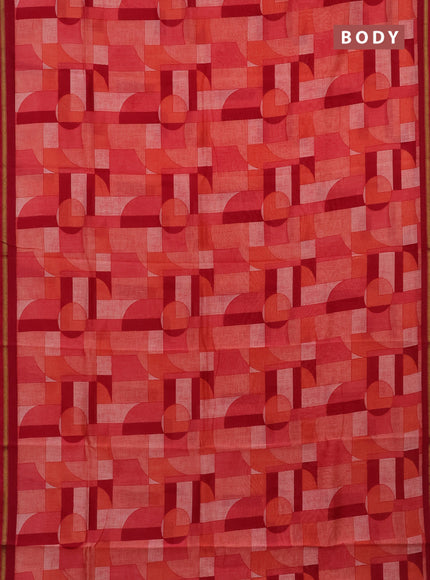 Chanderi silk cotton saree orange red and dark magenta pink with allover geometric prints and small zari woven border