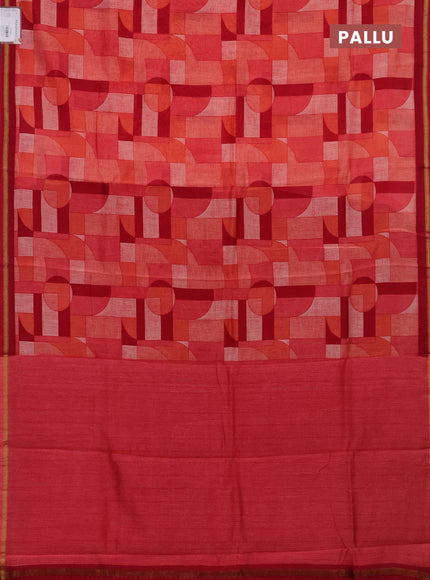 Chanderi silk cotton saree orange red and dark magenta pink with allover geometric prints and small zari woven border