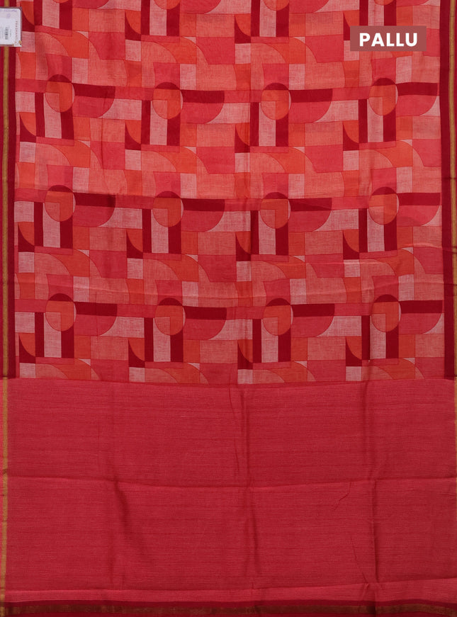 Chanderi silk cotton saree orange red and dark magenta pink with allover geometric prints and small zari woven border
