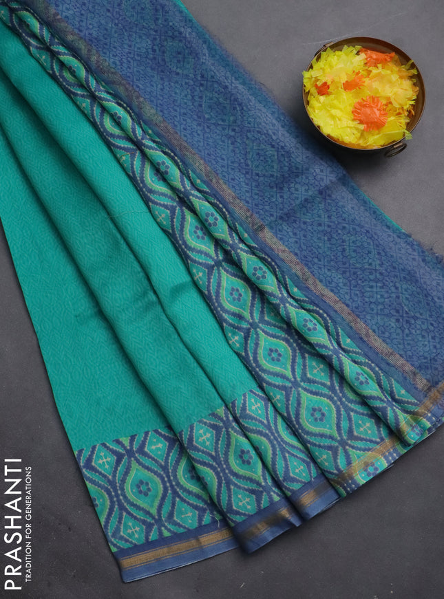 Chanderi silk cotton saree teal green and bluish grey with allover prints and zari woven border