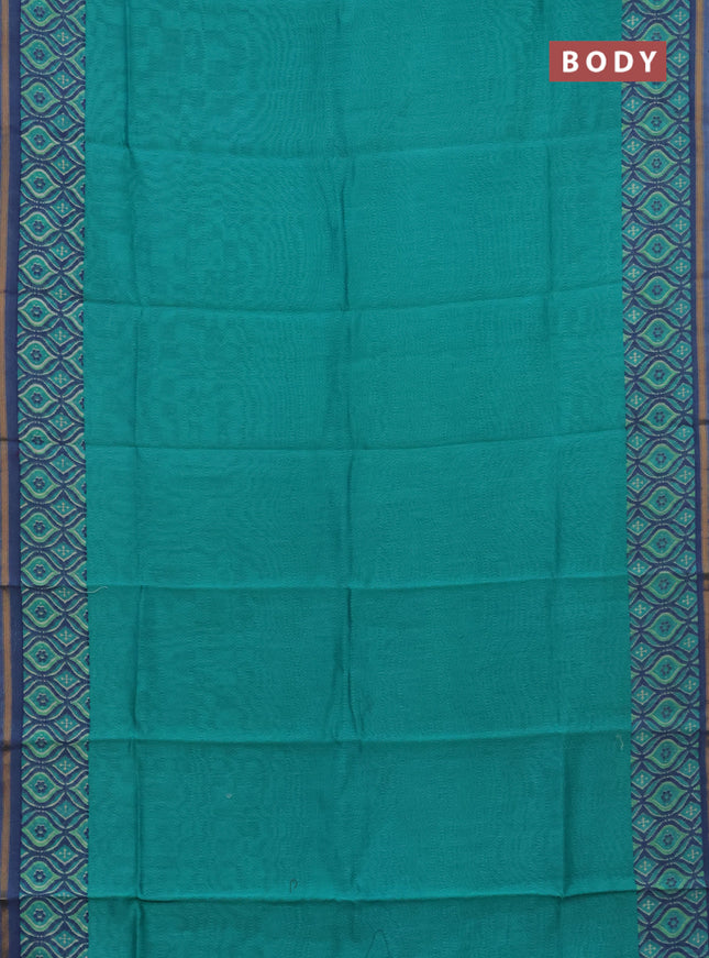 Chanderi silk cotton saree teal green and bluish grey with allover prints and zari woven border