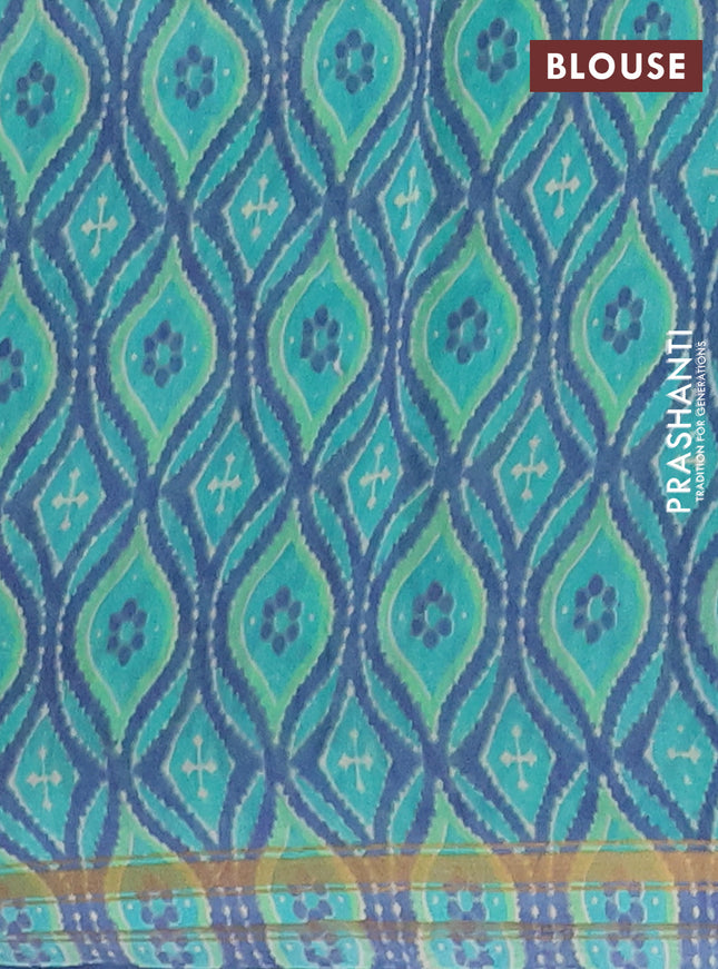 Chanderi silk cotton saree teal green and bluish grey with allover prints and zari woven border