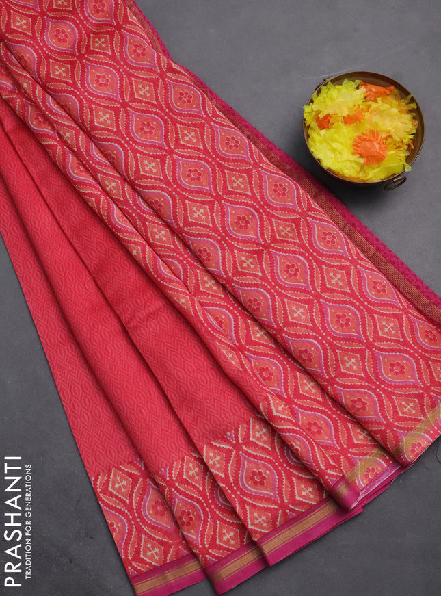 Chanderi silk cotton saree peach pink and magenta pink with allover prints and zari woven border