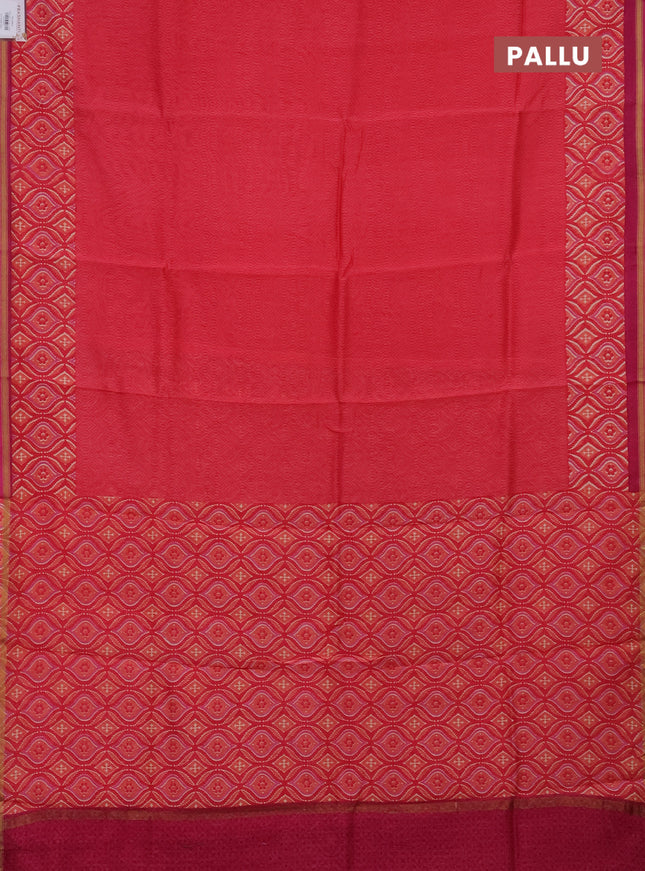 Chanderi silk cotton saree peach pink and magenta pink with allover prints and zari woven border