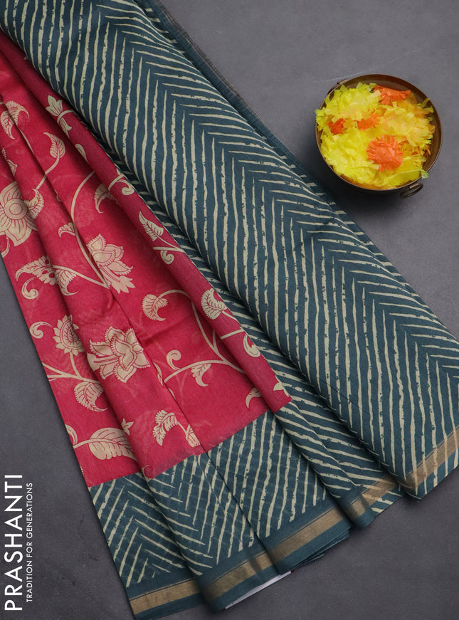 Chanderi silk cotton saree pink and bluish grey with allover kalmakari prints and zari woven border