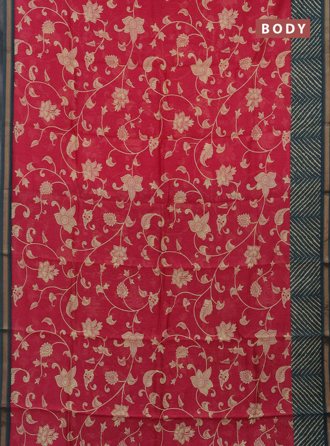 Chanderi silk cotton saree pink and bluish grey with allover kalmakari prints and zari woven border