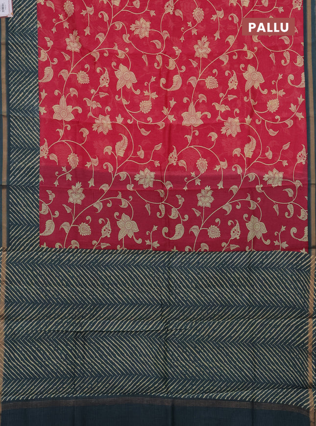 Chanderi silk cotton saree pink and bluish grey with allover kalmakari prints and zari woven border