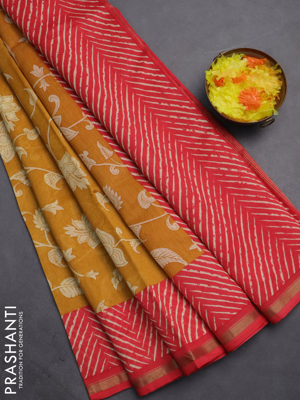 Chanderi silk cotton saree mustard yellow and red with allover kalmakari prints and zari woven border