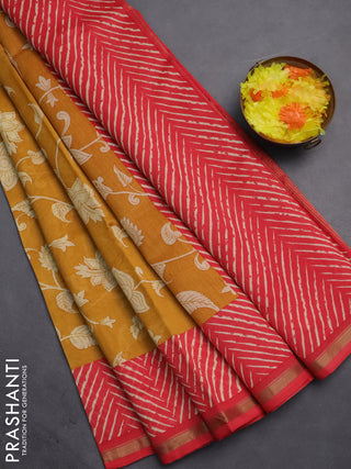 Chanderi silk cotton saree mustard yellow and red with allover kalmakari prints and zari woven border