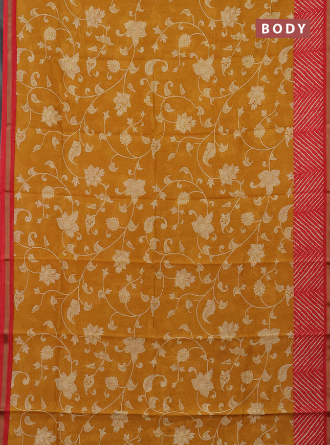 Chanderi silk cotton saree mustard yellow and red with allover kalmakari prints and zari woven border