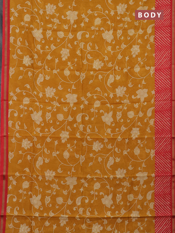 Chanderi silk cotton saree mustard yellow and red with allover kalmakari prints and zari woven border