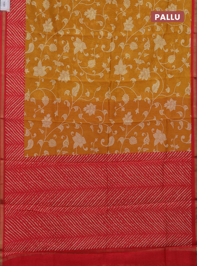 Chanderi silk cotton saree mustard yellow and red with allover kalmakari prints and zari woven border