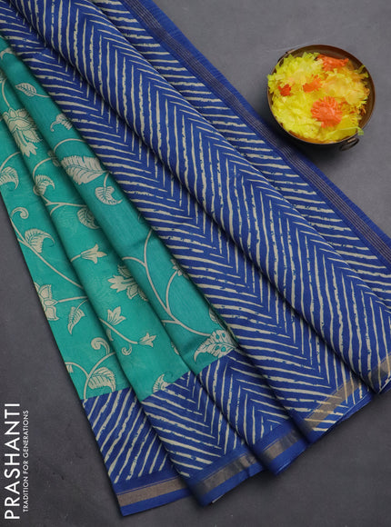 Chanderi silk cotton saree teal blue and blue with allover kalmakari prints and zari woven border