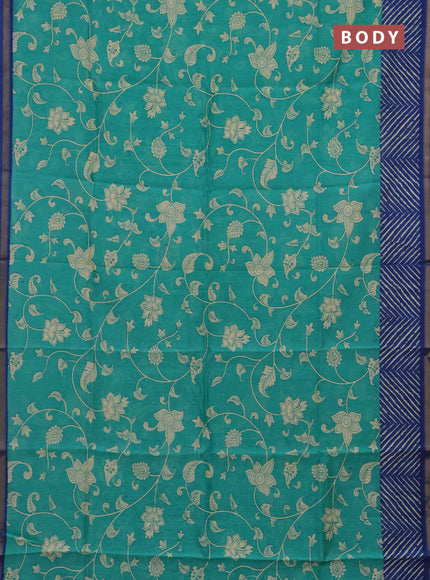 Chanderi silk cotton saree teal blue and blue with allover kalmakari prints and zari woven border